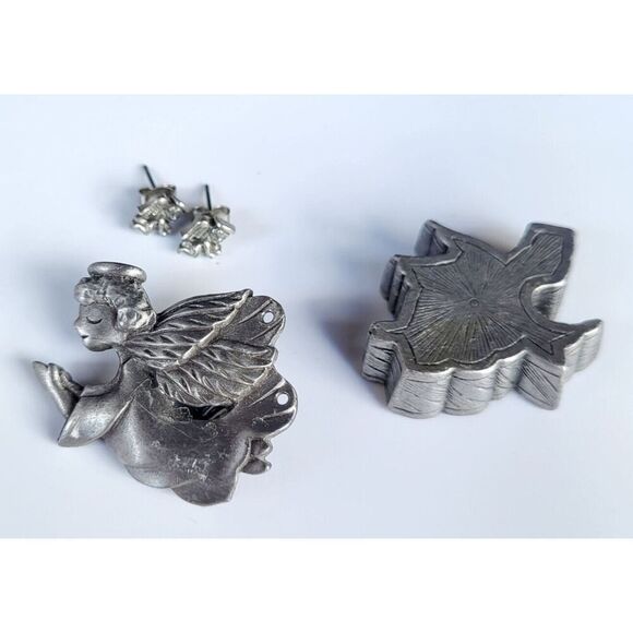 ANGEL JEWERLY SET BY TORINO PEWTER ~ PIN / BROOCH & EARRINGS & BOX - Picture 1 of 6